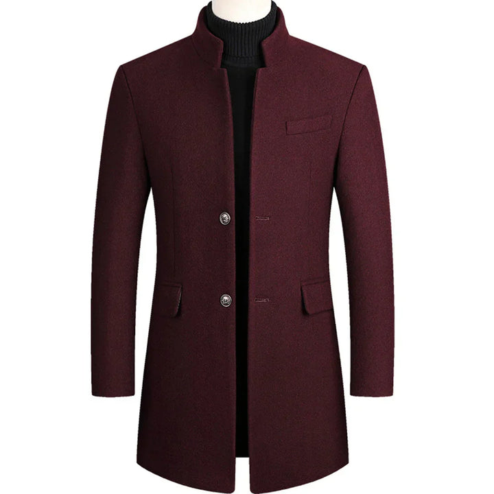 Męski długi płaszcz slim fit w kolorze bordowym z kołnierzem