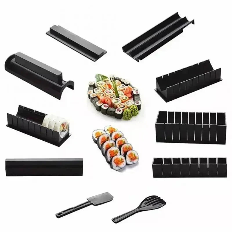 Wszystkie elementy zestawu do sushi rozłożone na białym tle