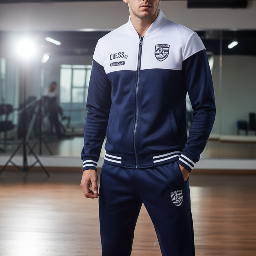 Mężczyzna w niebieskim dresie sportowym w stylu baseballowym
