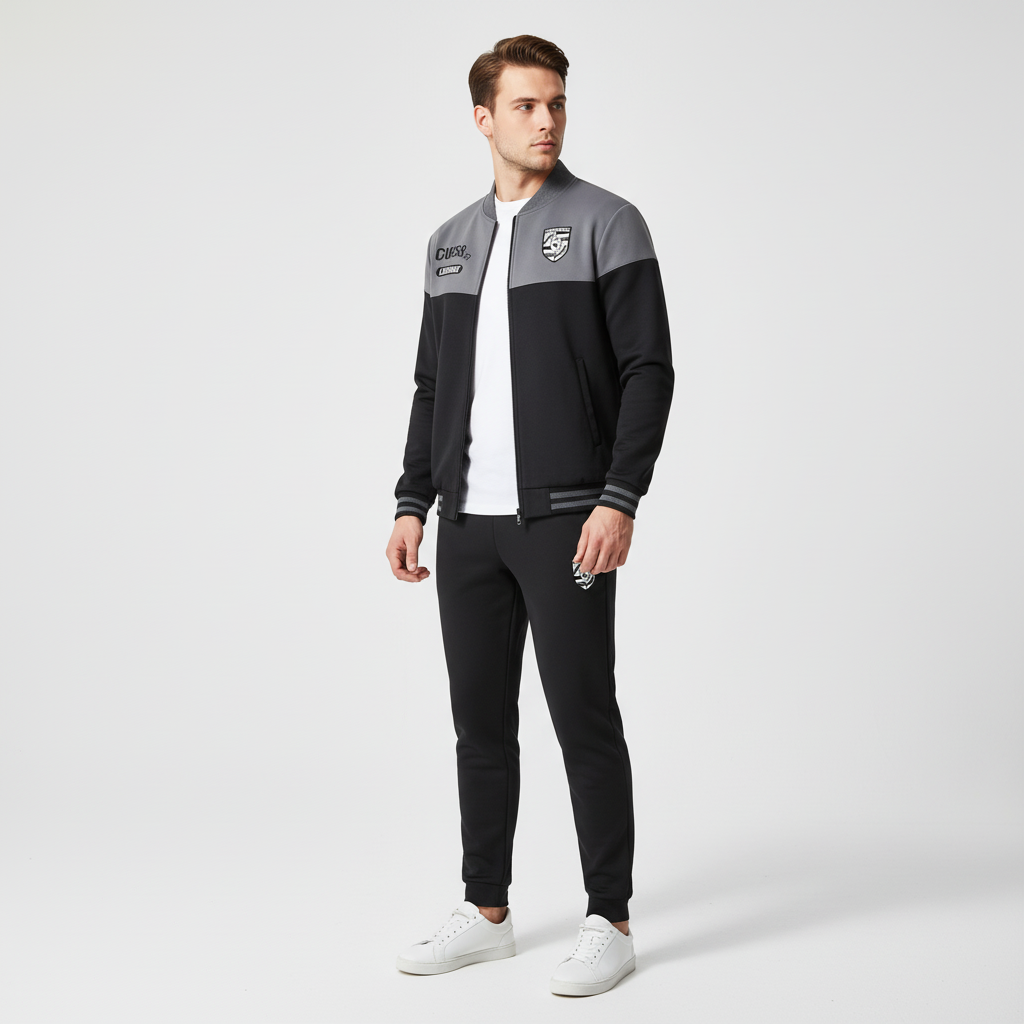 Stylowy komplet dresowy męski casual, detale kieszeni i zamków