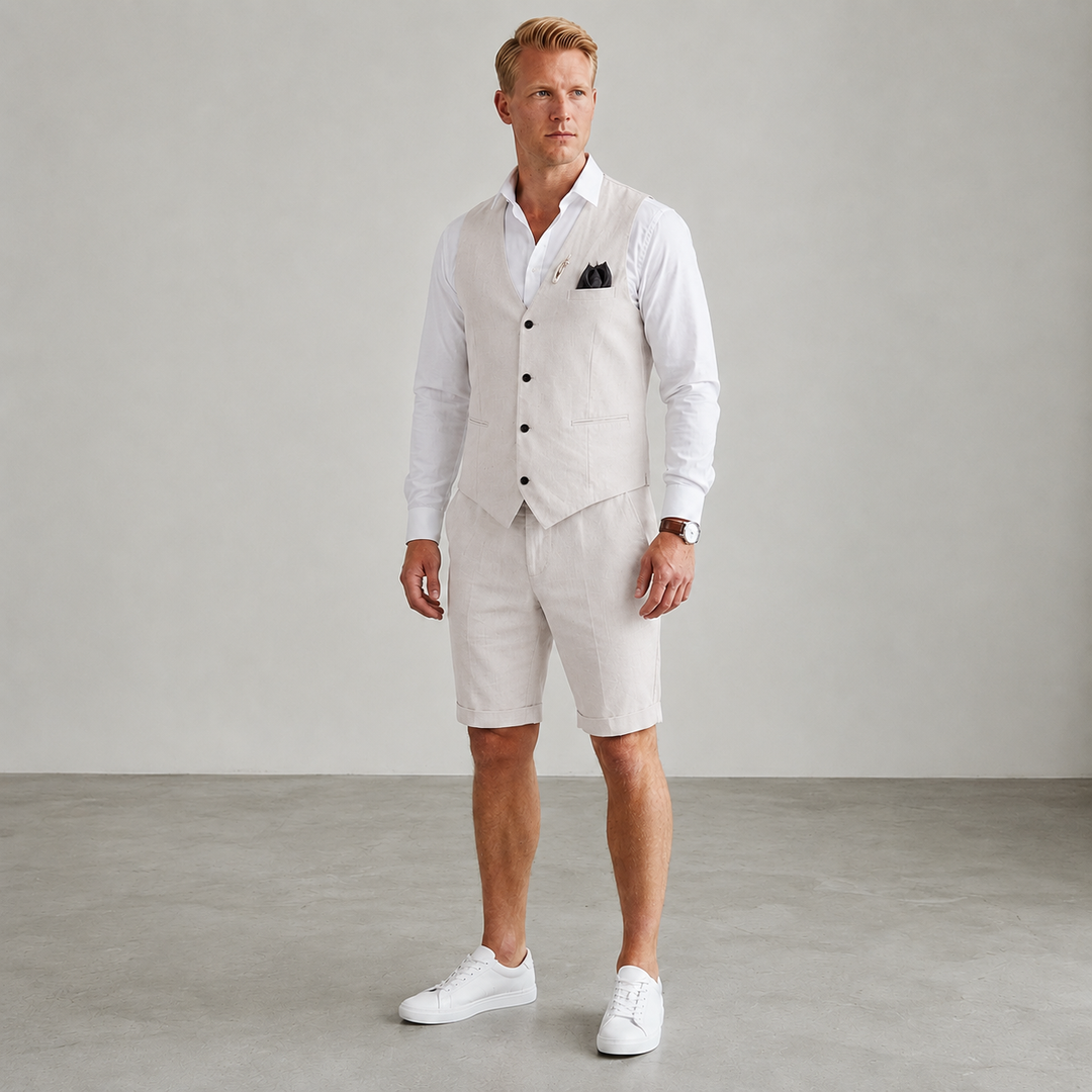 Modny letni komplet męski smart casual: zielona kamizelka z szortami
