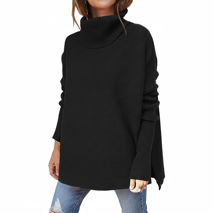Elegancki czarny sweter damski z wysokim golfem na sylwetce