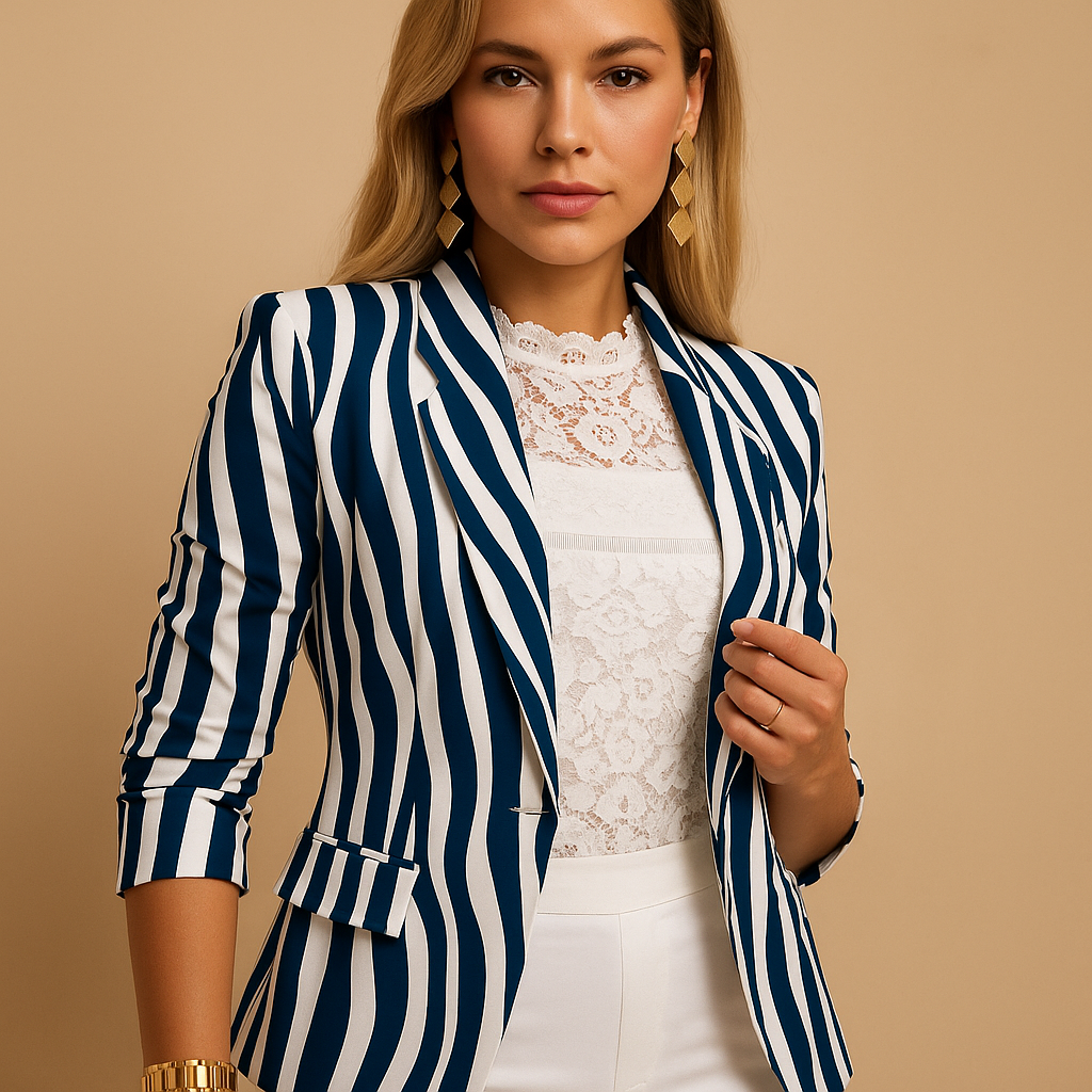 Stylowy dwukolorowy blazer damski w paski z kołnierzem szalowym