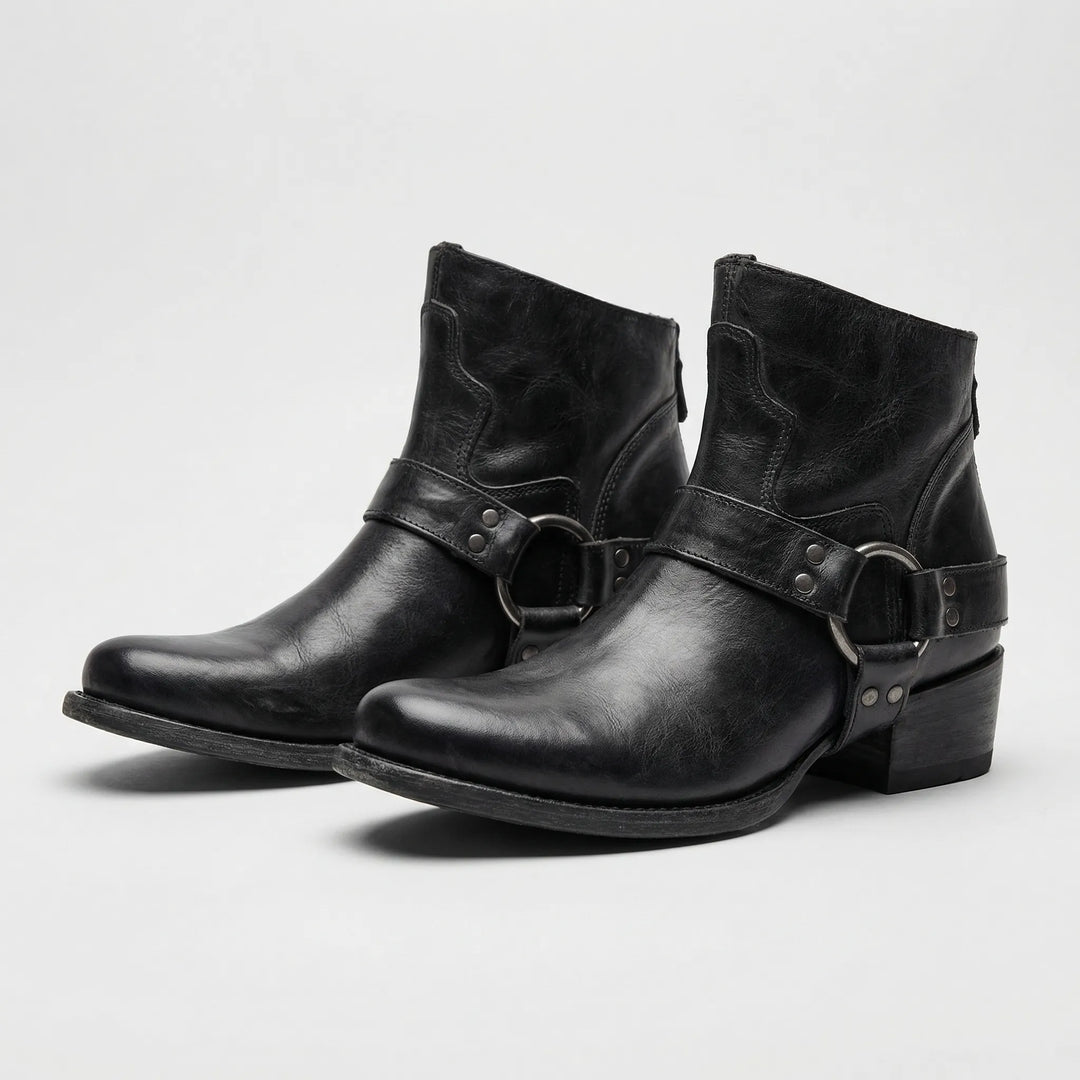 Para czarnych skórzanych botków damskich w stylu western