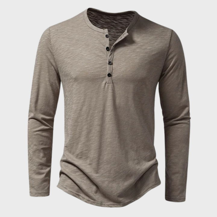 Beżowo-khaki męska koszulka henley z długim rękawem
