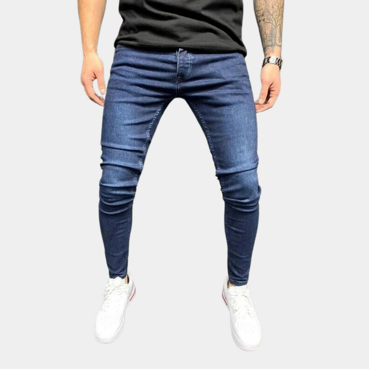 Męskie ciemnoniebieskie jeansy skinny w stylu casual