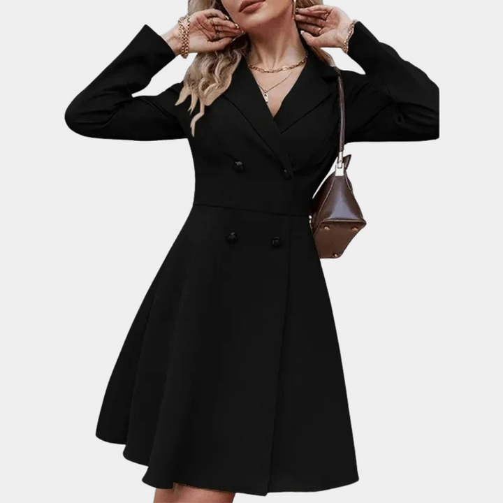 Niebieska elegancka sukienka midi typu żakiet, stylowa moda damska