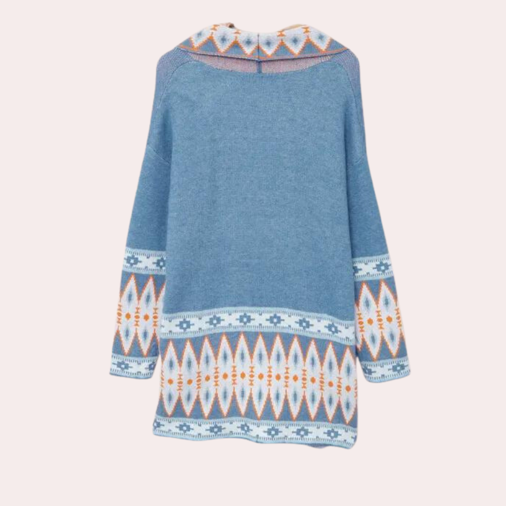 Stylowy kardigan dzianinowy boho w kolorze ciemnoniebieskim, modny sweter damski