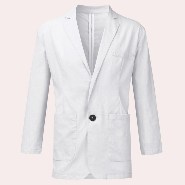 Biała męska marynarka slim fit na jasnym tle