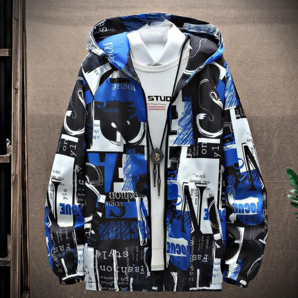 Męska niebieska wiatrówka przejściowa z kapturem i motywem streetwear