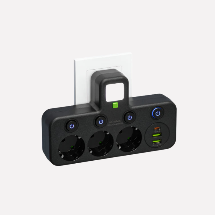 Kompaktowa ścienna listwa zasilająca z USB-C i zabezpieczeniem przeciwprzepięciowym