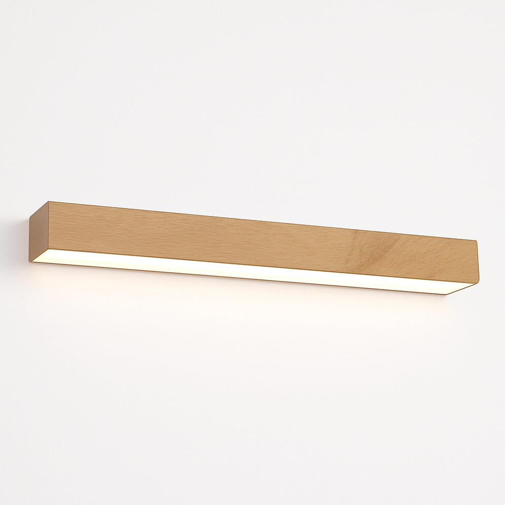 Minimalistyczna podłużna lampa sufitowa LED o fakturze drewna