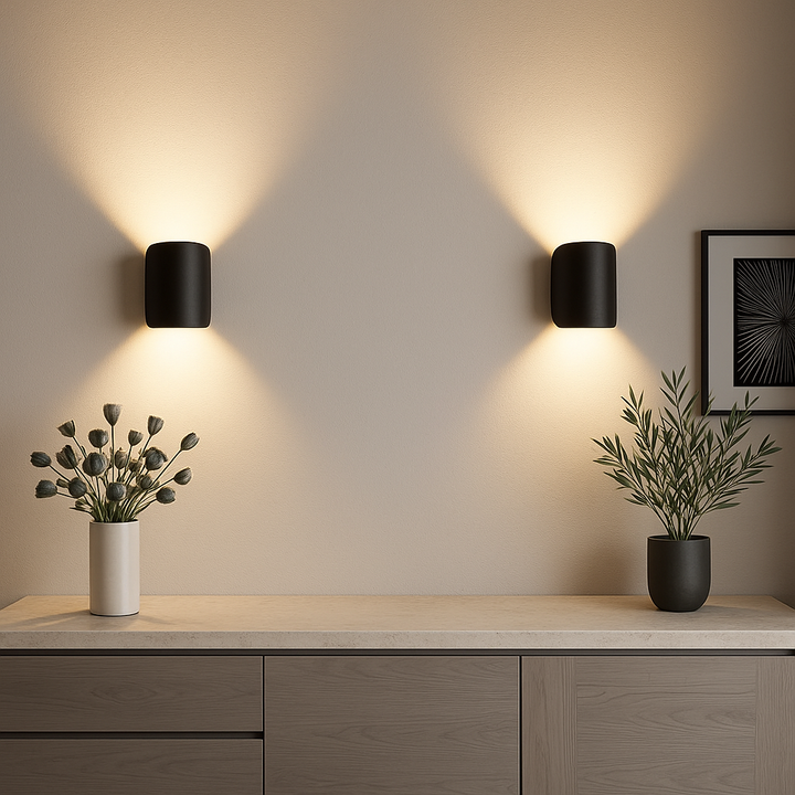 Czarna lampa LED ścienna o obrotowej konstrukcji na tle jasnej ściany