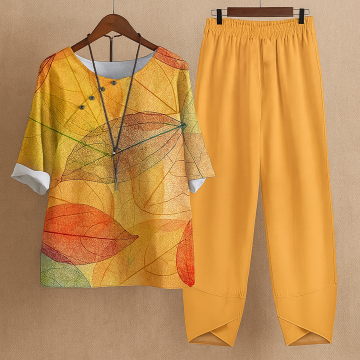 Damski letni komplet z bluzką w liście i żółtymi spodniami
