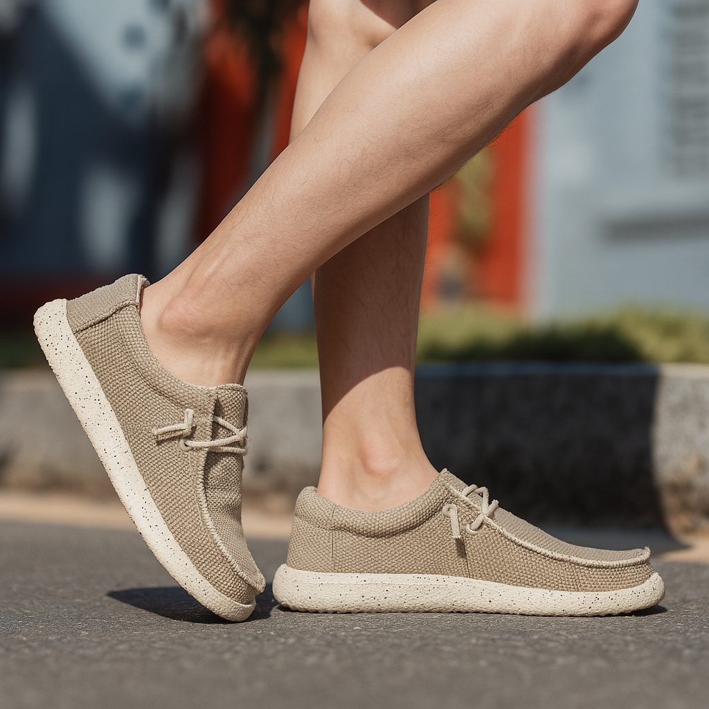 Męskie lekkie buty wsuwane w kolorze khaki na nodze