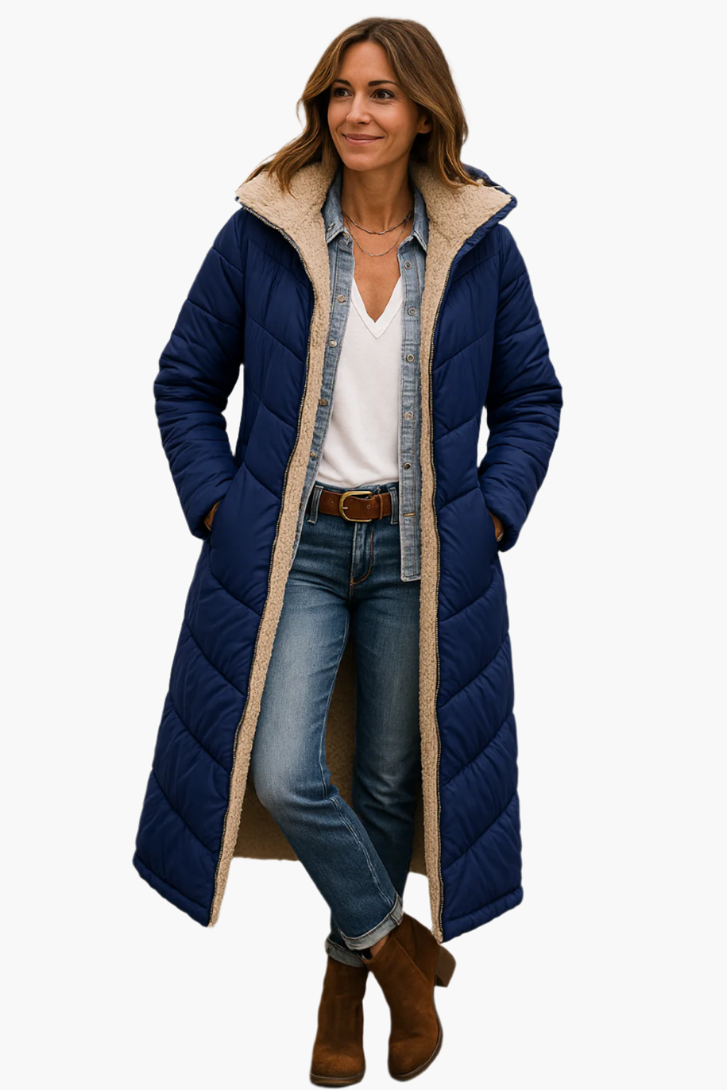 Kobieta w granatowej długiej kurtce pikowanej z kapturem