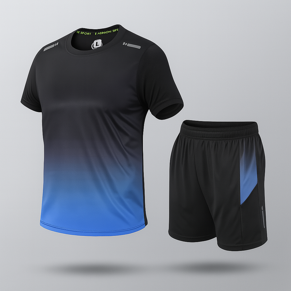 Męski niebieski zestaw sportowy z koszulką i szortami