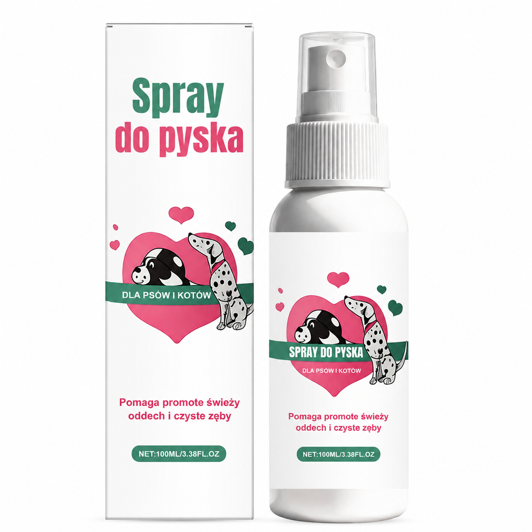 Opakowanie i butelka sprayu do higieny jamy ustnej dla psów i kotów