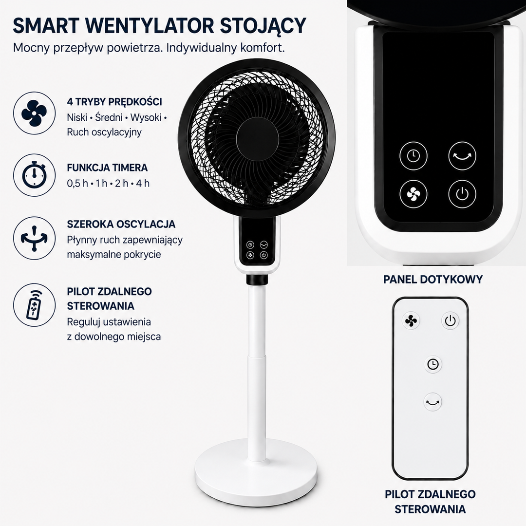 Panel sterowania oraz funkcje smart wentylatora stojącego