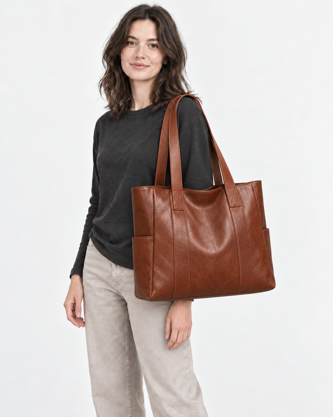 Brązowa torebka damska vintage na ramię, pojemny shopper bag do pracy i na co dzień
