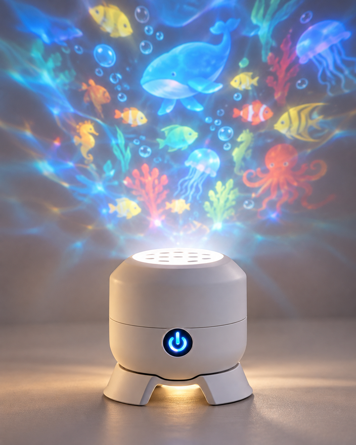 Obrotowa lampka nocna i projektor LED tworzący magiczną atmosferę w sypialni