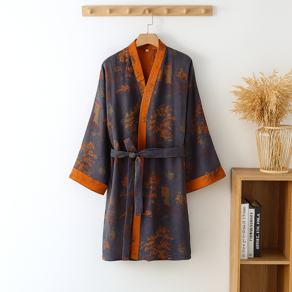 Męski lekki szlafrok kimono wiszący na wieszaku w kolorze fioletowo-pomarańczowym
