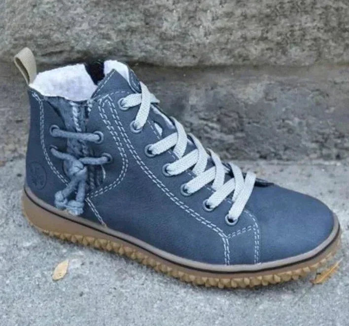 Niebieskie damskie botki zimowe w stylu vintage z ociepleniem