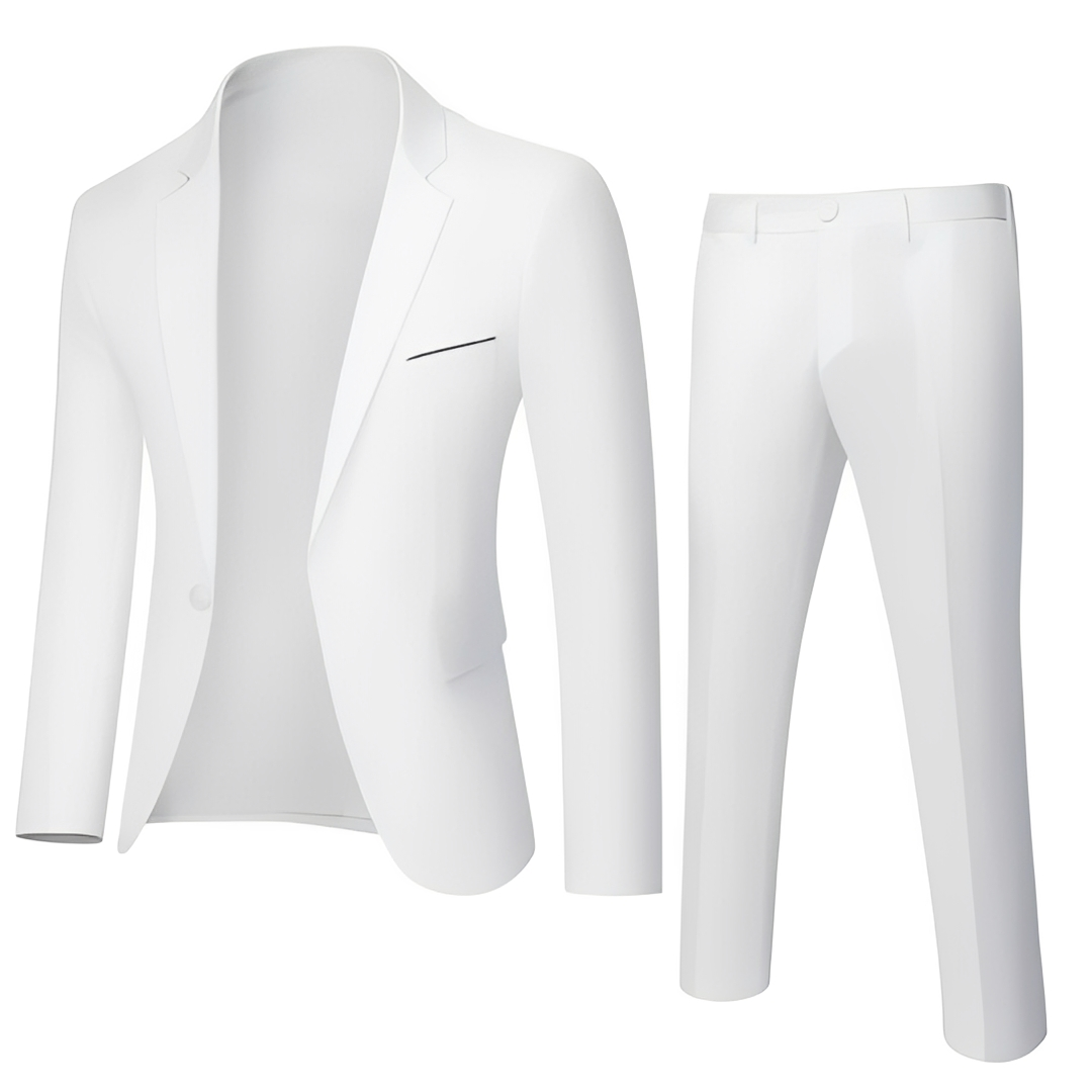 Stylowy garnitur męski krój slim fit prezentowany od tyłu, pokazujący dopasowanie do sylwetki.