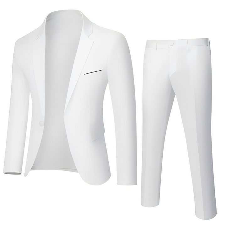 Stylowy garnitur męski krój slim fit prezentowany od tyłu, pokazujący dopasowanie do sylwetki.