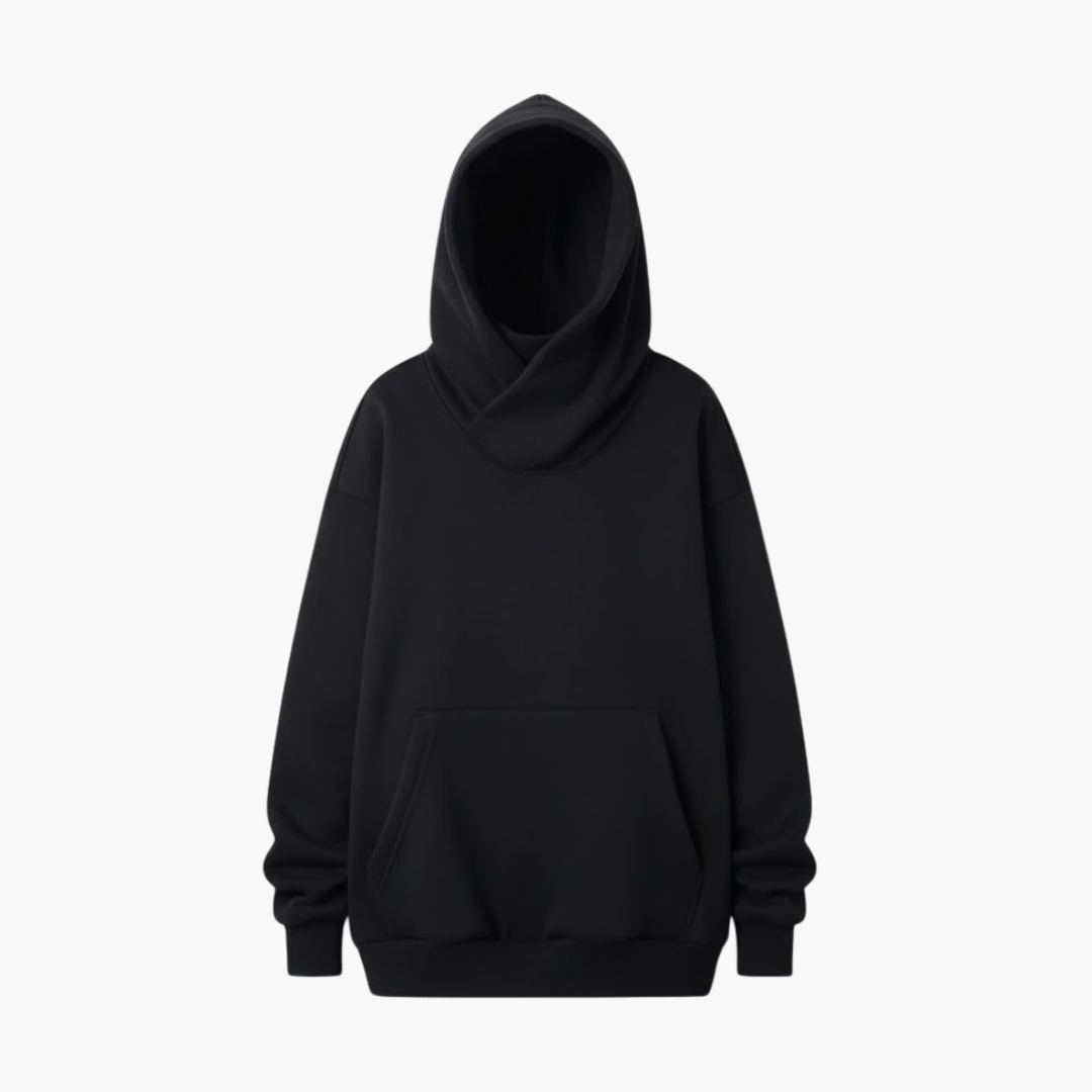Czarna damska bluza oversized z wysokim kołnierzem na gładkim tle