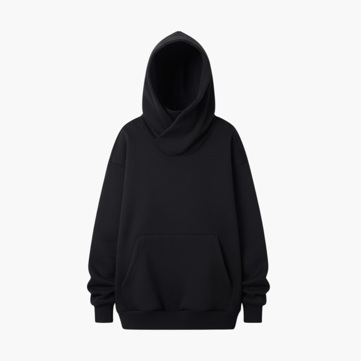 Czarna damska bluza oversized z wysokim kołnierzem na gładkim tle