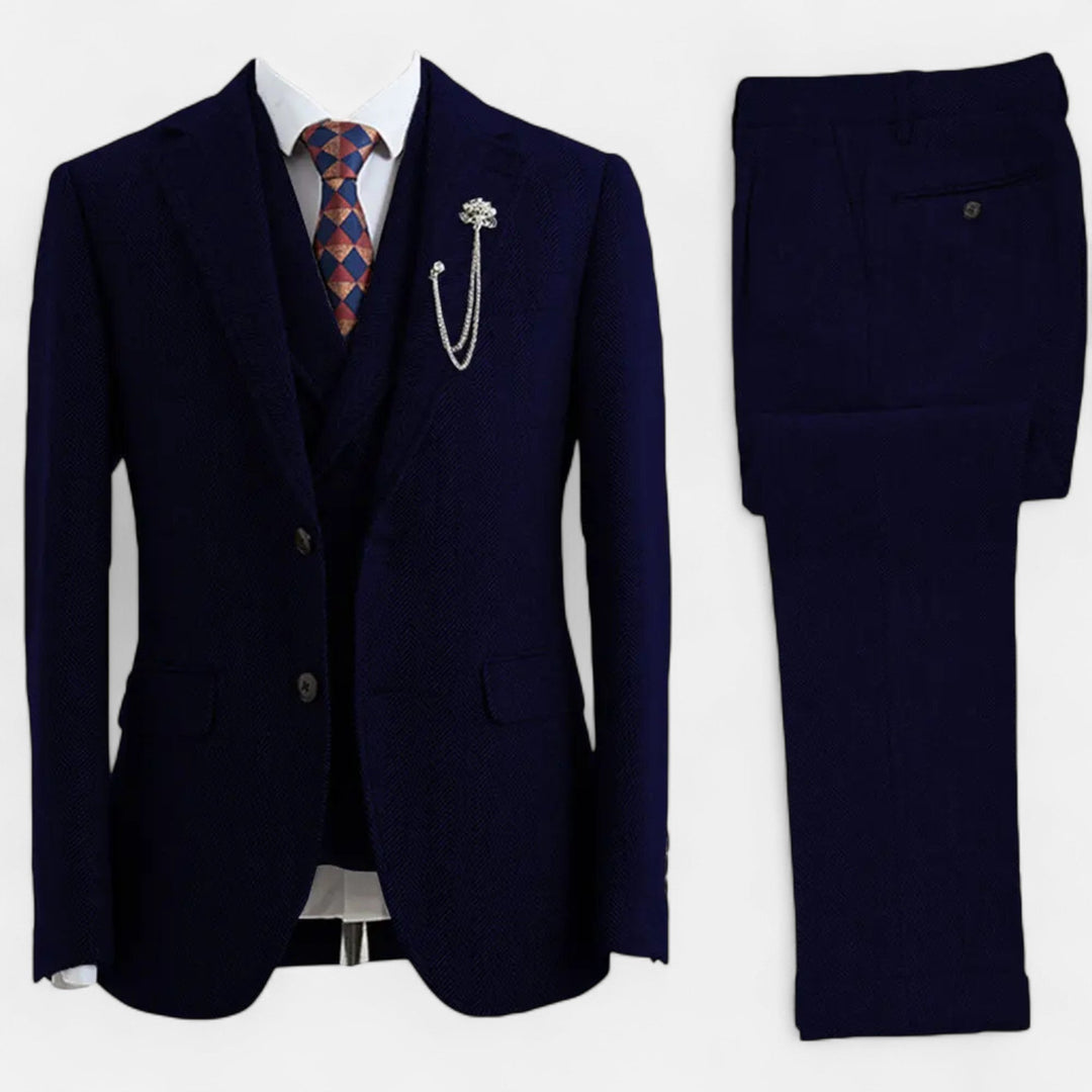 Granatowy męski garnitur trzyczęściowy slim fit z dwurzędową kamizelką