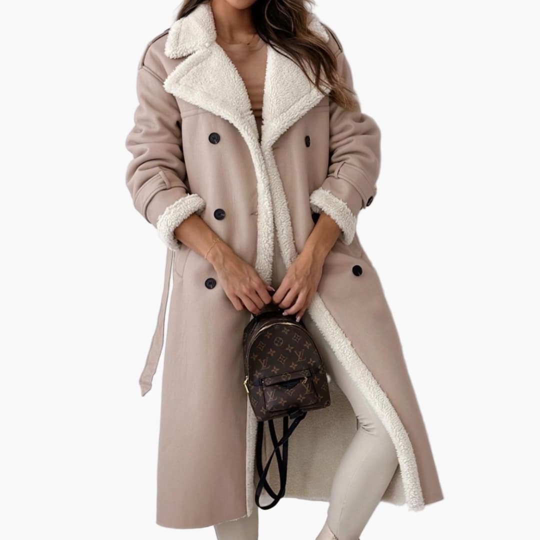 Elegancki długi płaszcz damski w kolorze khaki z szerokim kołnierzem