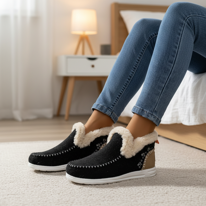 Kobieta siedząca na łóżku prezentuje czarne damskie buty z miękką wyściółką ComfyGlide