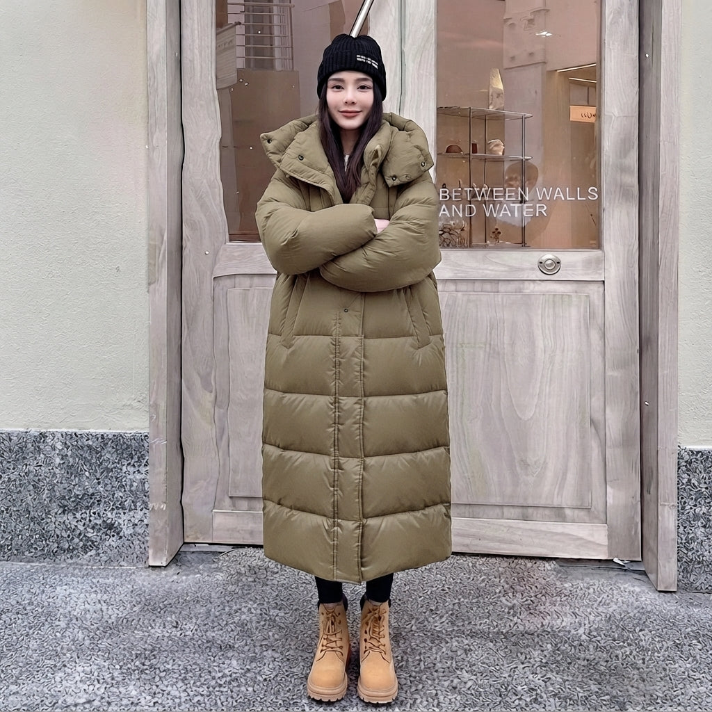 Kobieta w khaki długim płaszczu puchowym oversize z kapturem