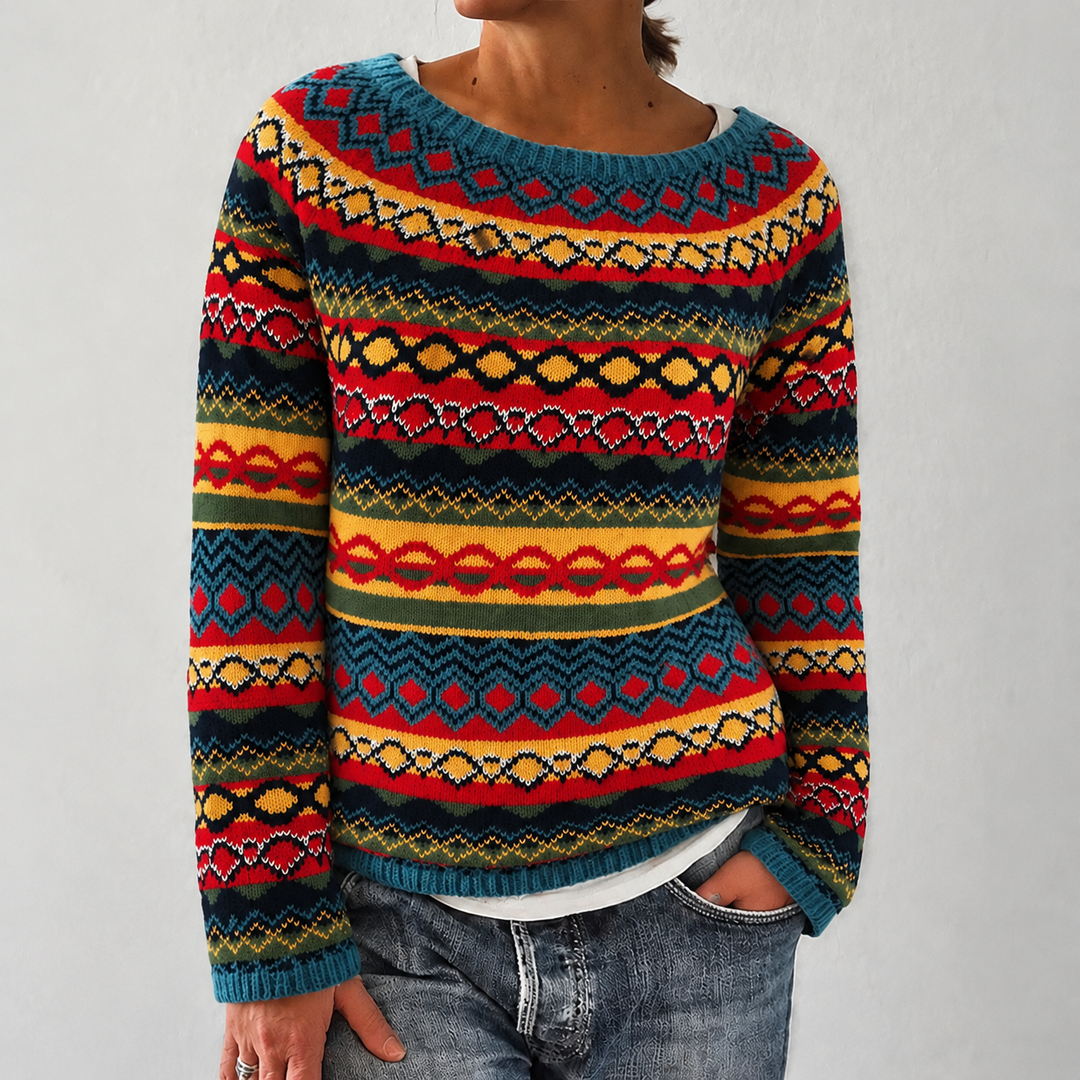 Kobieta ubrana w damski sweter z kolorowym wzorem Fair Isle i długim rękawem