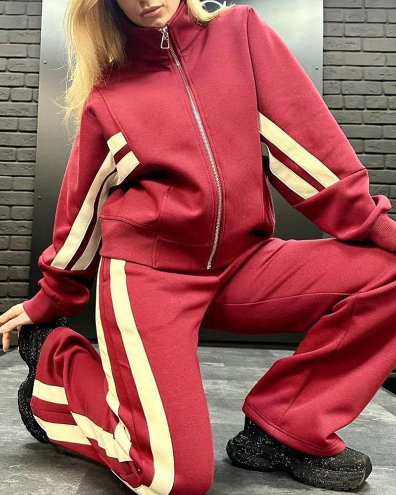 Modny komplet sportowy z szerokimi nogawkami i lampasami, styl casual