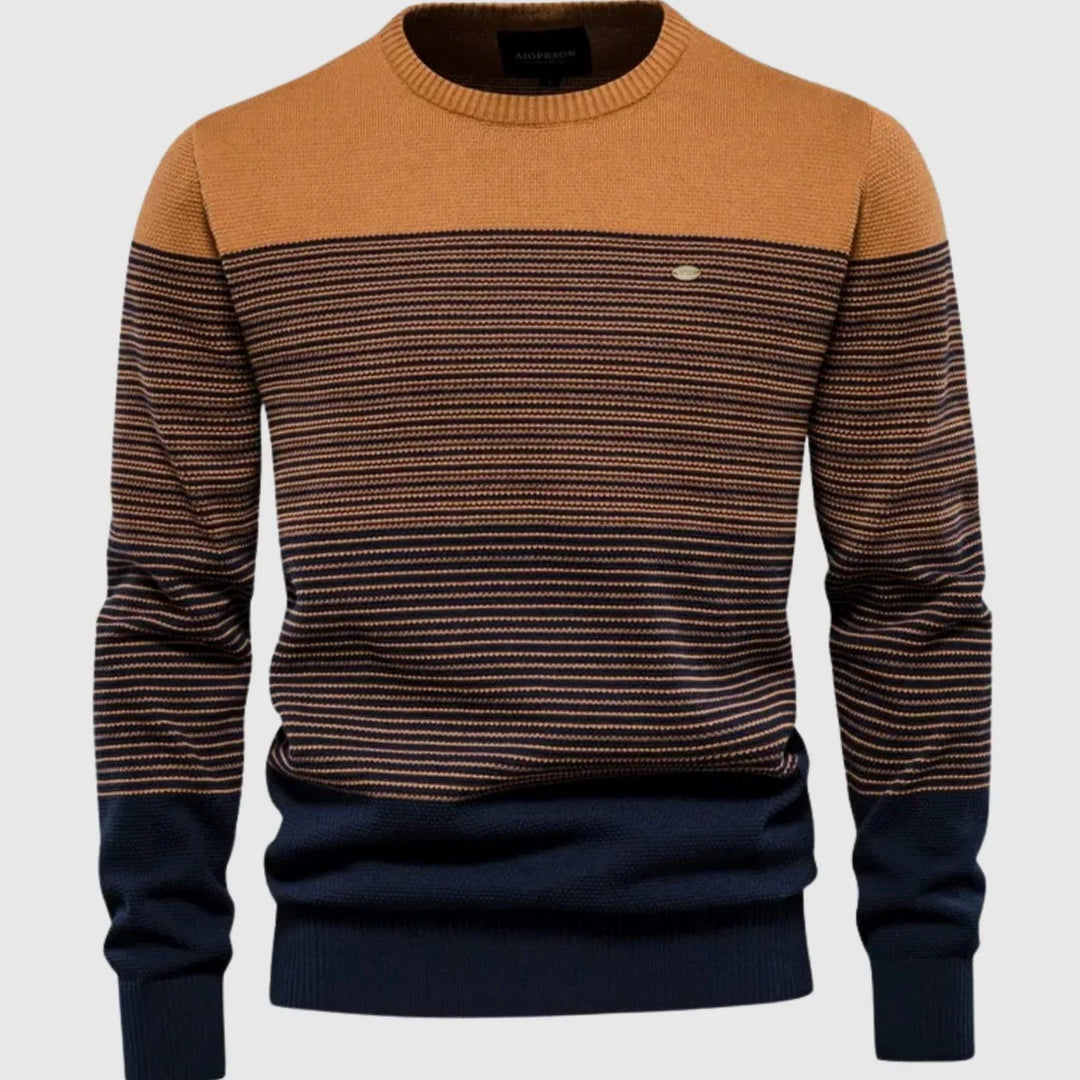 Męski sweter w paski z cieniowaniem w odcieniach pomarańczu i granatu