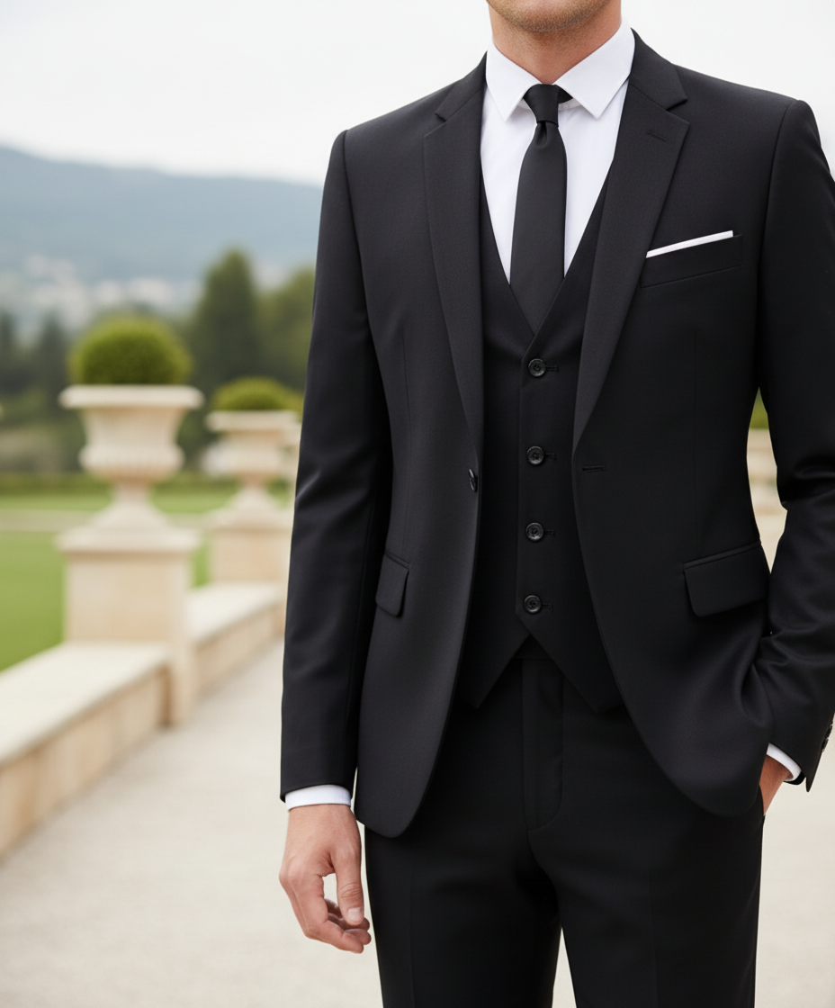 Mężczyzna w eleganckim czarnym garniturze trzydzęściowym Frederik