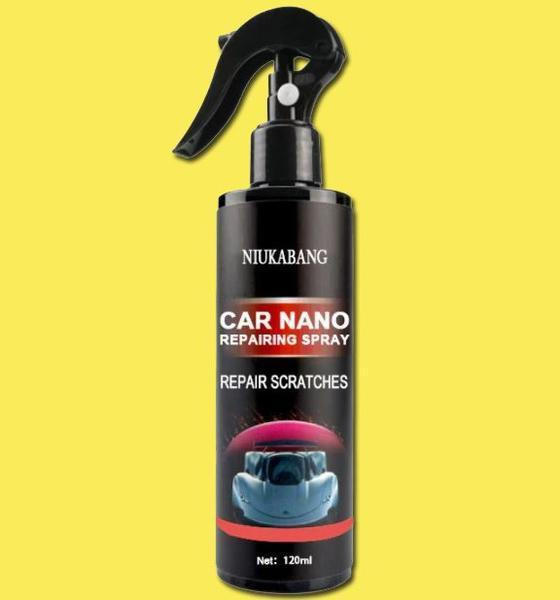 Czarna butelka sprayu ochronnego do lakieru samochodowego o pojemności 120 ml na żółtym tle