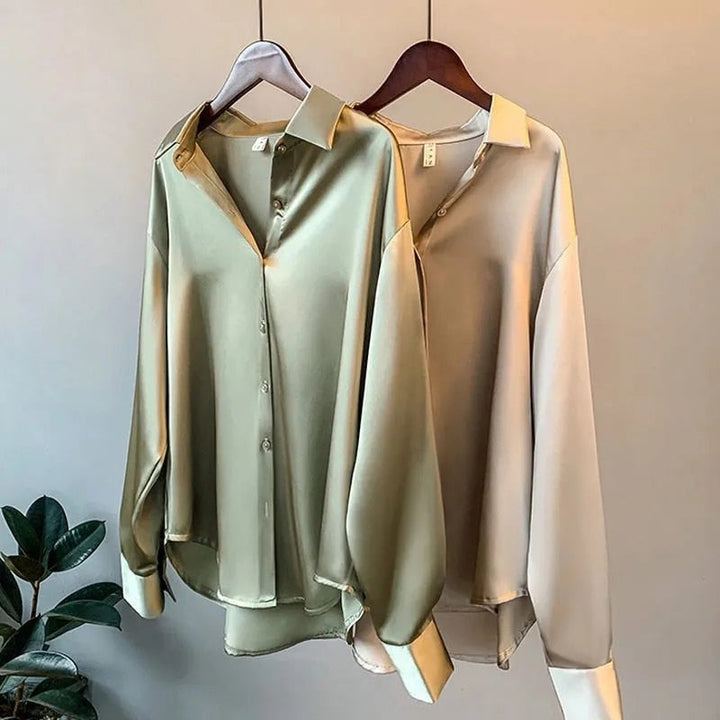 Dwie eleganckie damskie bluzki oversize w odcieniach beżu i zieleni