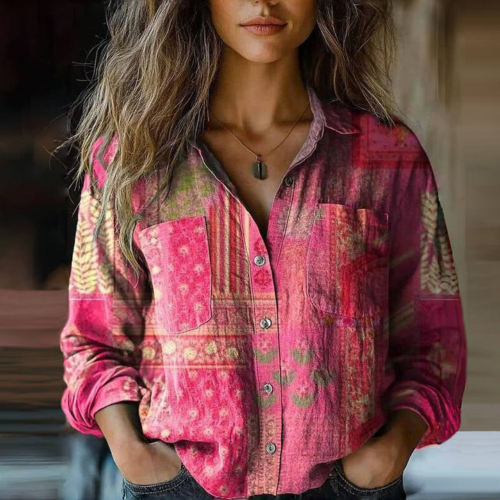 Damska elegancka bluzka w stylu vintage boho z długim rękawem, wzorzysta koszula