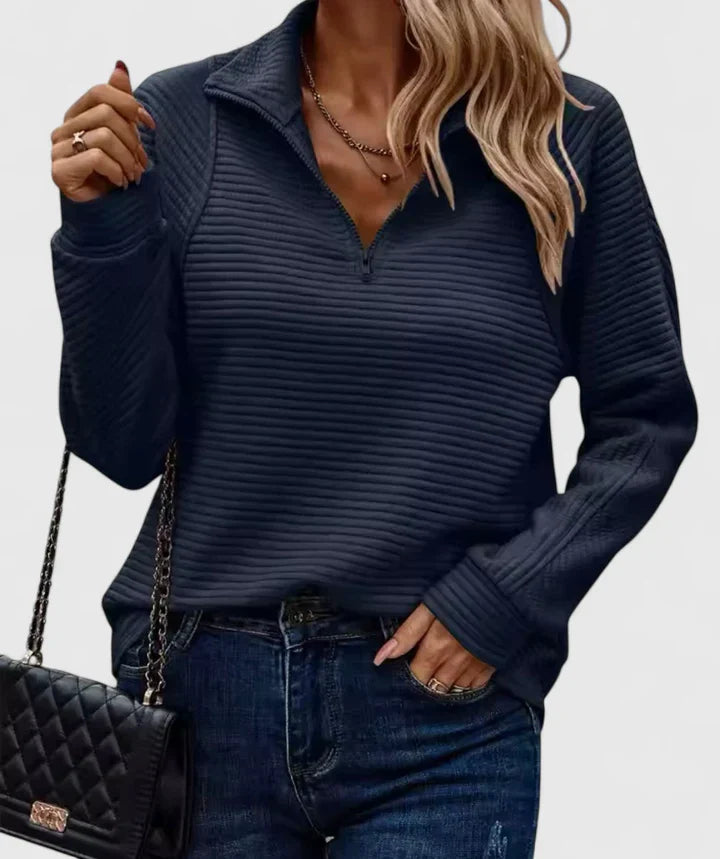 Ciemnoniebieski elegancki sweter damski z zamkiem