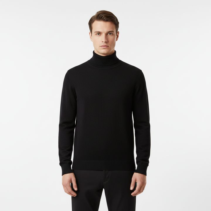 Beżowy sweter męski z wysokim kołnierzem, modna odzież casual