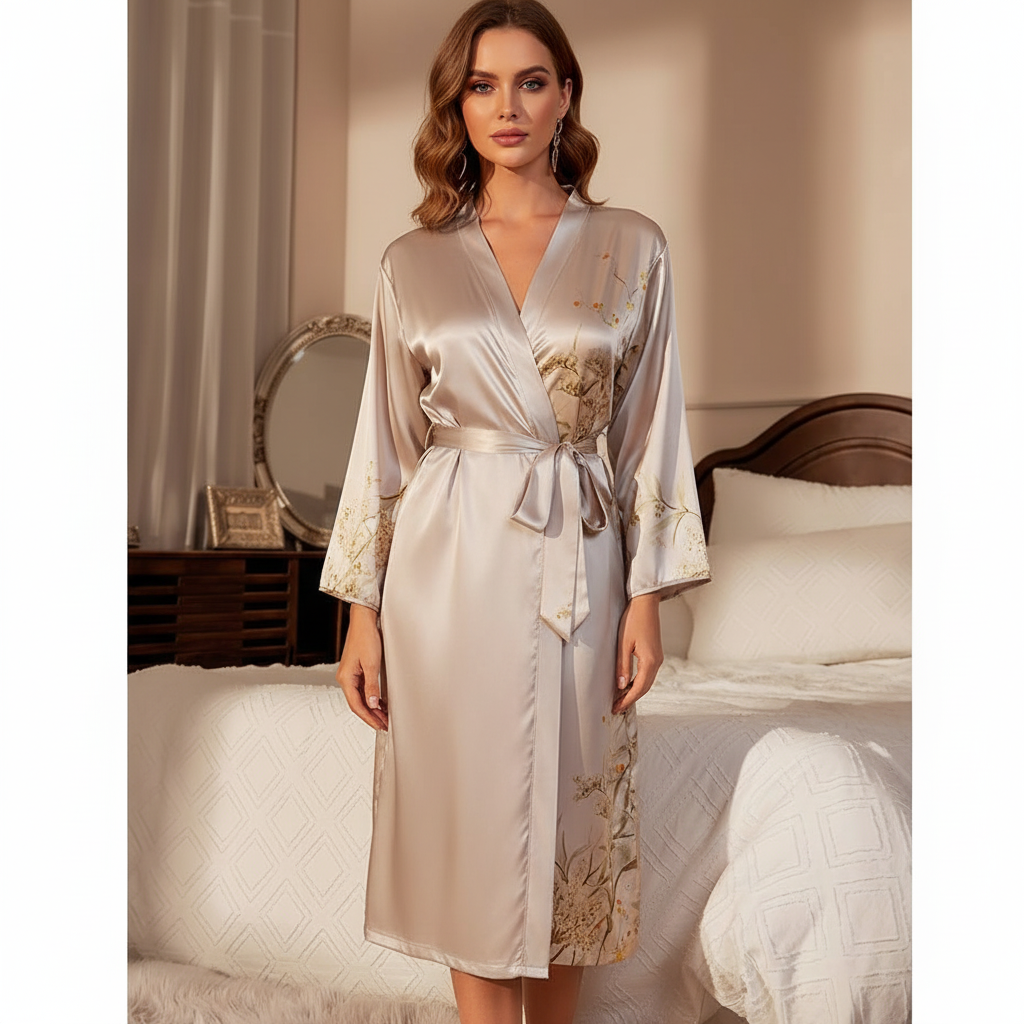 Modelka w eleganckim szlafroku satynowym w kolorze szampańskim w sypialni