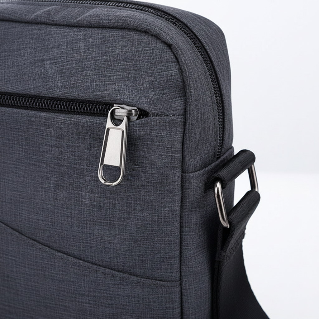 Szczegół metalowego zamka błyskawicznego i paska torby SafePack