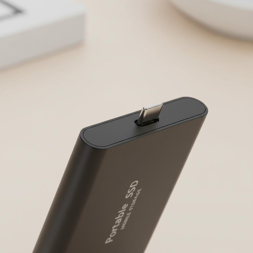Zbliżenie na złącze USB-C zewnętrznego dysku SSD
