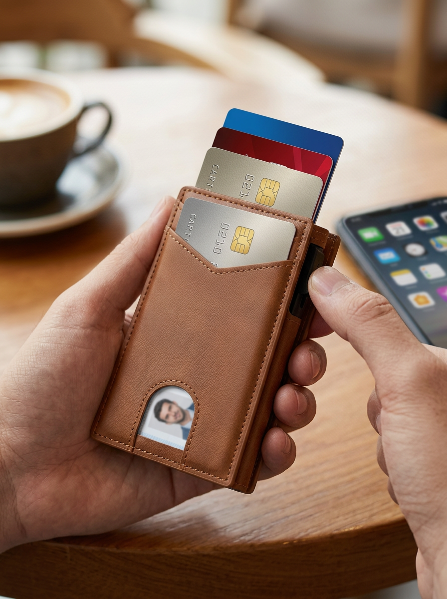 Otwarty minimalistyczny portfel aluminiowy na karty i banknoty dla mężczyzn