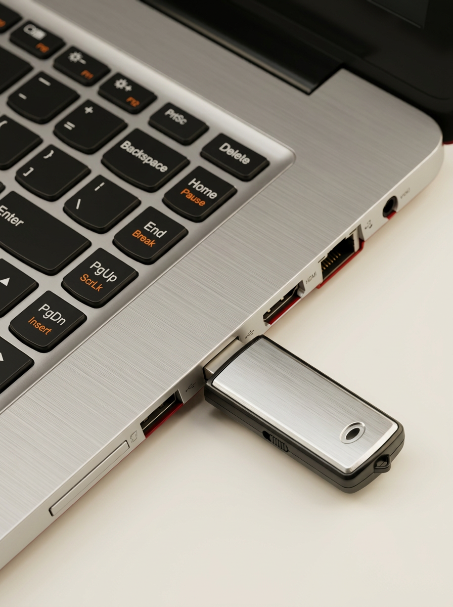 Szary dyktafon USB podłączony do portu laptopa na jasnym biurku