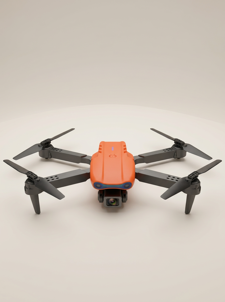 Pomarańczowy składany dron 4K rozłożony na jasnym tle